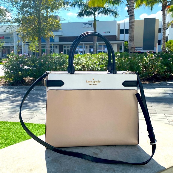 Kate Spade Silver Logo Leather Beige Black & White Tote Crossbody Satchel - Picture 16 of 16